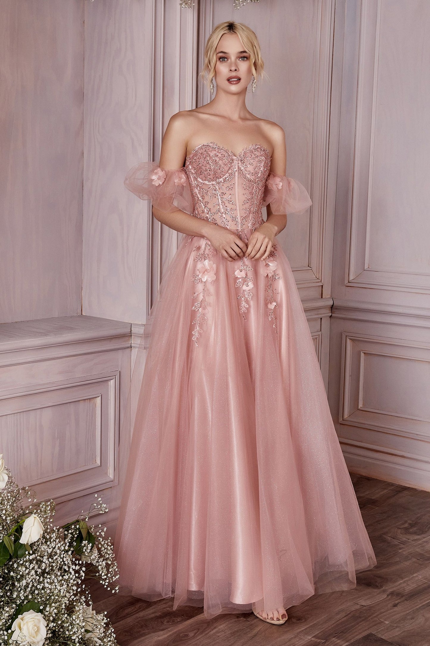 Dusty Blue, Champagne Off-Shoulder Floral Corset Tulle Ball Gown CDCD0191-1