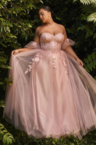 Blush & Burgundy Plus Size Tulle Ball Gown | Floral Appliqué Strapless Dress with Off-Shoulder Sleeves  CDCD0191C-1
