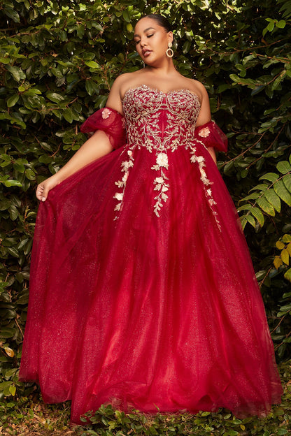 Blush & Burgundy Plus Size Tulle Ball Gown | Floral Appliqué Strapless Dress with Off-Shoulder Sleeves  CDCD0191C-2