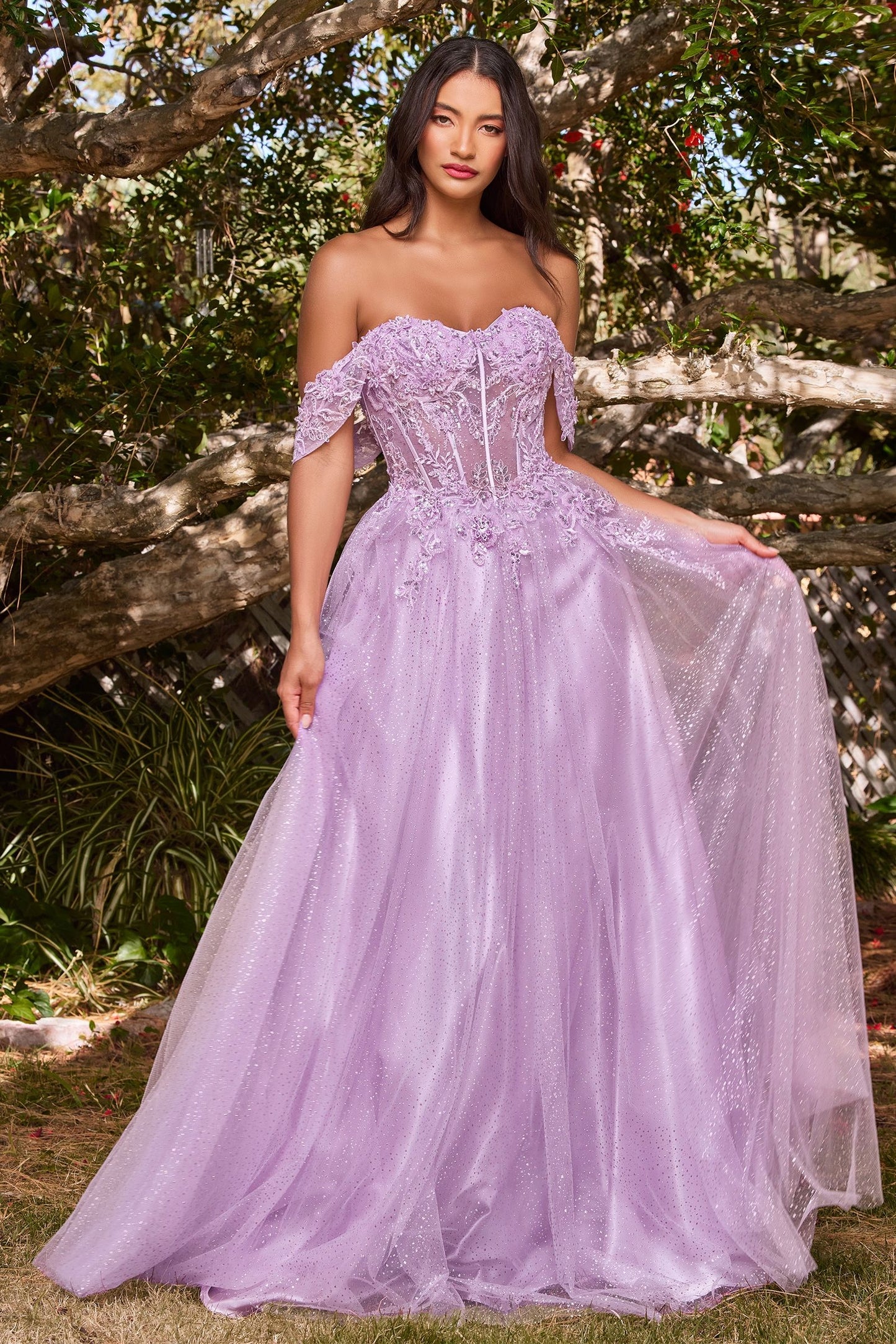 Lilac, Silver Blue, Wine Red Glitter Off Shoulder A-Line Gown with Corset Bodice  CDCD0198-7