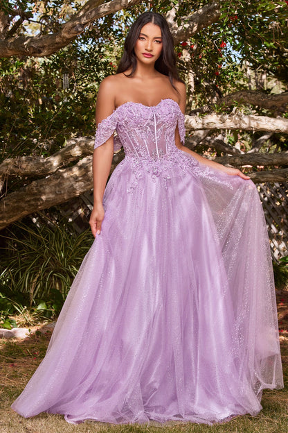 Lilac, Silver Blue, Wine Red Glitter Off Shoulder A-Line Gown with Corset Bodice  CDCD0198-7
