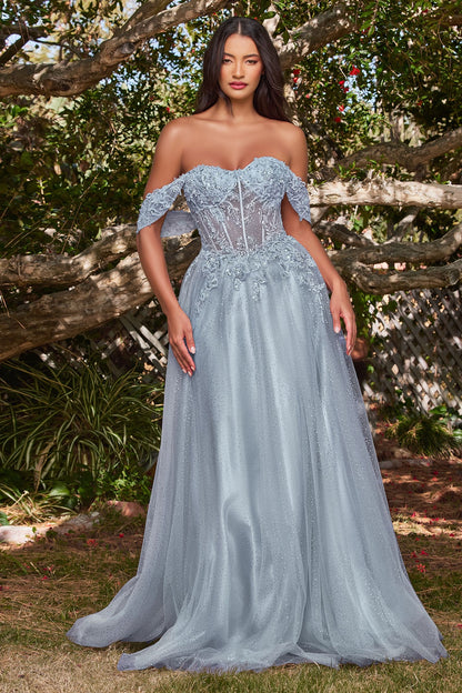 Lilac, Silver Blue, Wine Red Glitter Off Shoulder A-Line Gown with Corset Bodice  CDCD0198-1