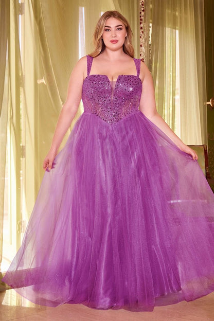 Blue, Gold & Purple Plus Size Glitter Corset Ball Gown | Sparkly Tulle Formal Dress with Straps  CDCD0217C-4