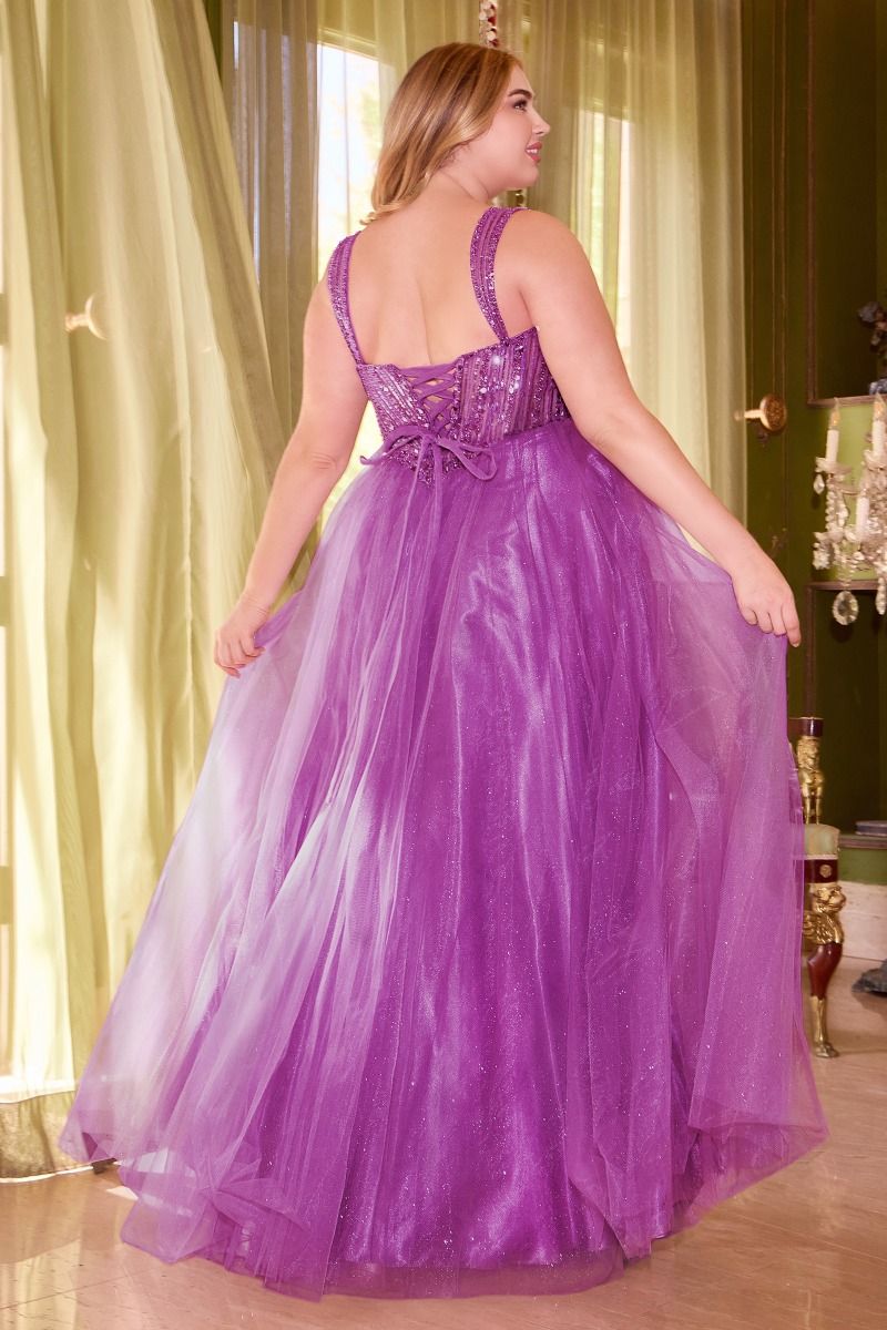 Blue, Gold & Purple Plus Size Glitter Corset Ball Gown | Sparkly Tulle Formal Dress with Straps  CDCD0217C-3
