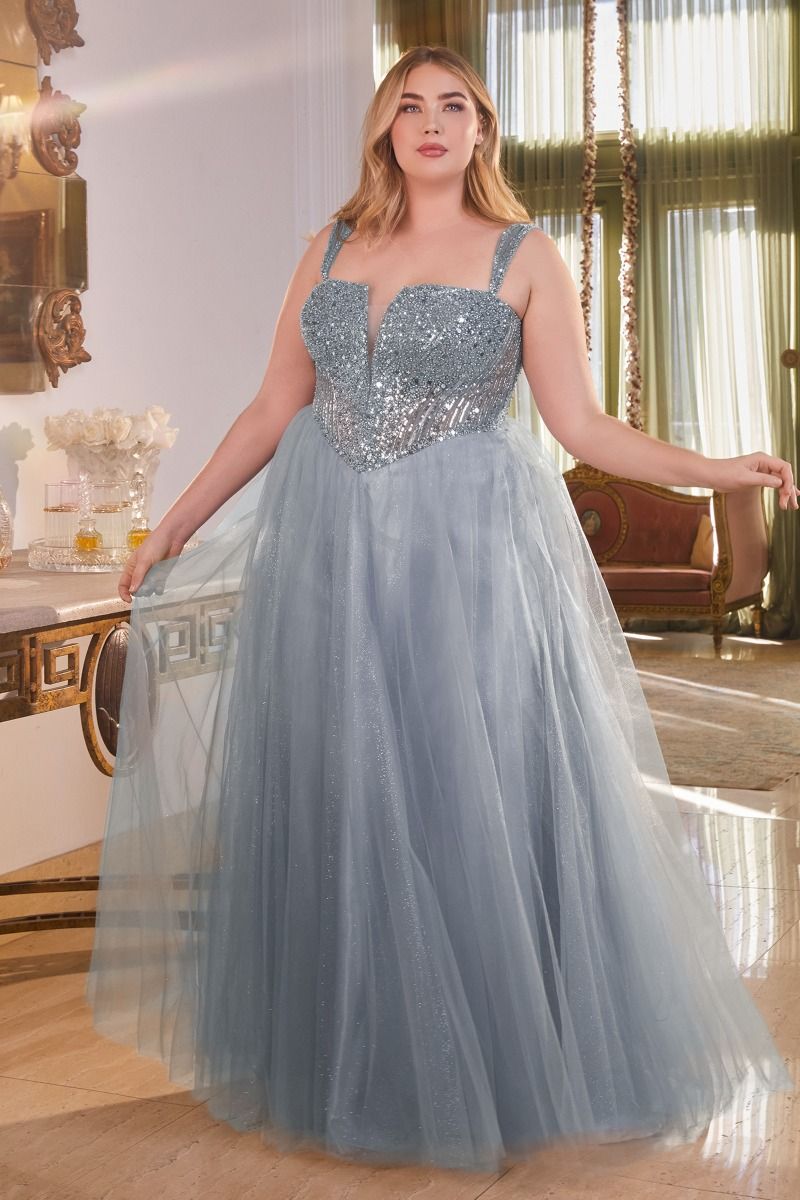 Blue, Gold & Purple Plus Size Glitter Corset Ball Gown | Sparkly Tulle Formal Dress with Straps  CDCD0217C-2