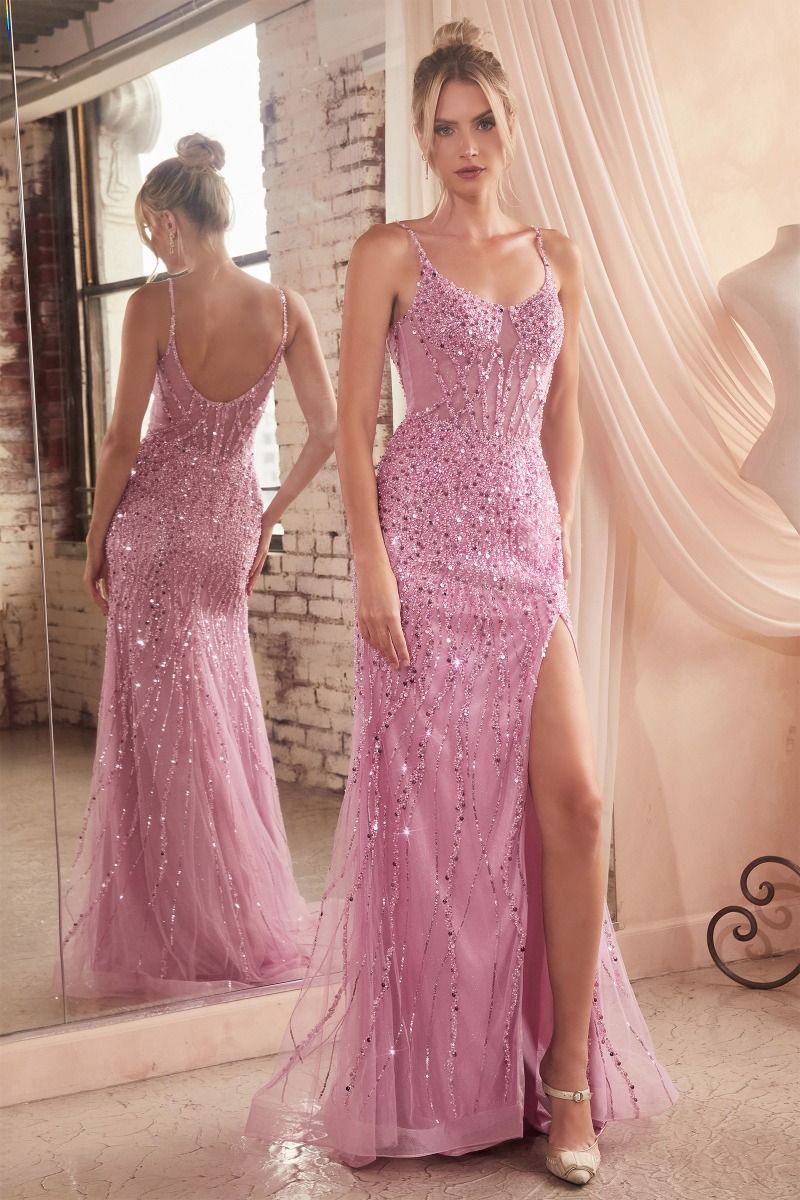 Sequins Embellished Long Festive Gown w/ Sequin Overlay & Daring Leg Slit - CDCD0220-2