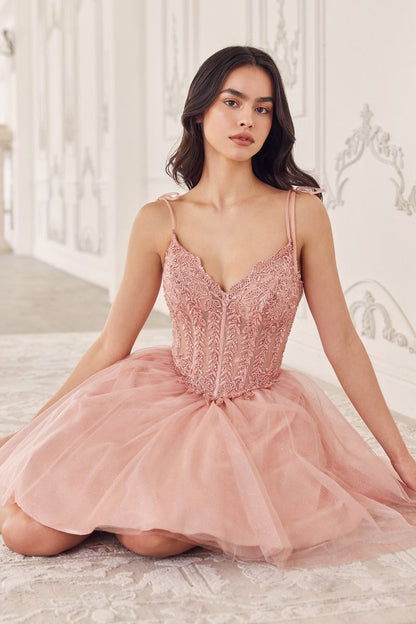 Dusty Blue, Gold & Blush Short Corset Tulle Dress | Sparkly A-Line Mini Party Dress  CDCD0236-3