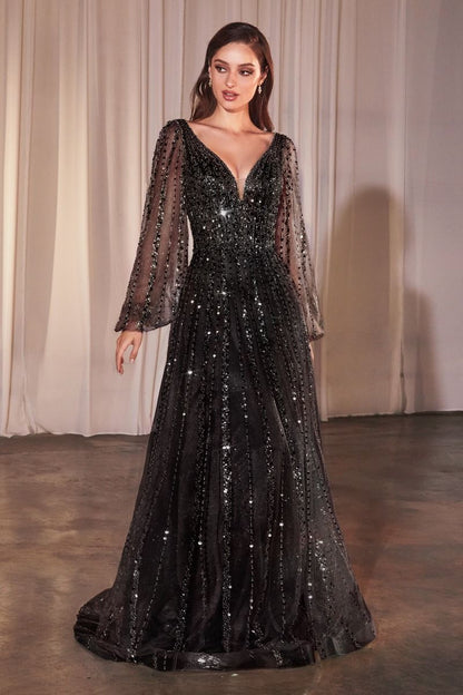 Shimmering V-Neck Long Sleeve A-Line Gown with Sequin Embellishments  CDCD0240-4