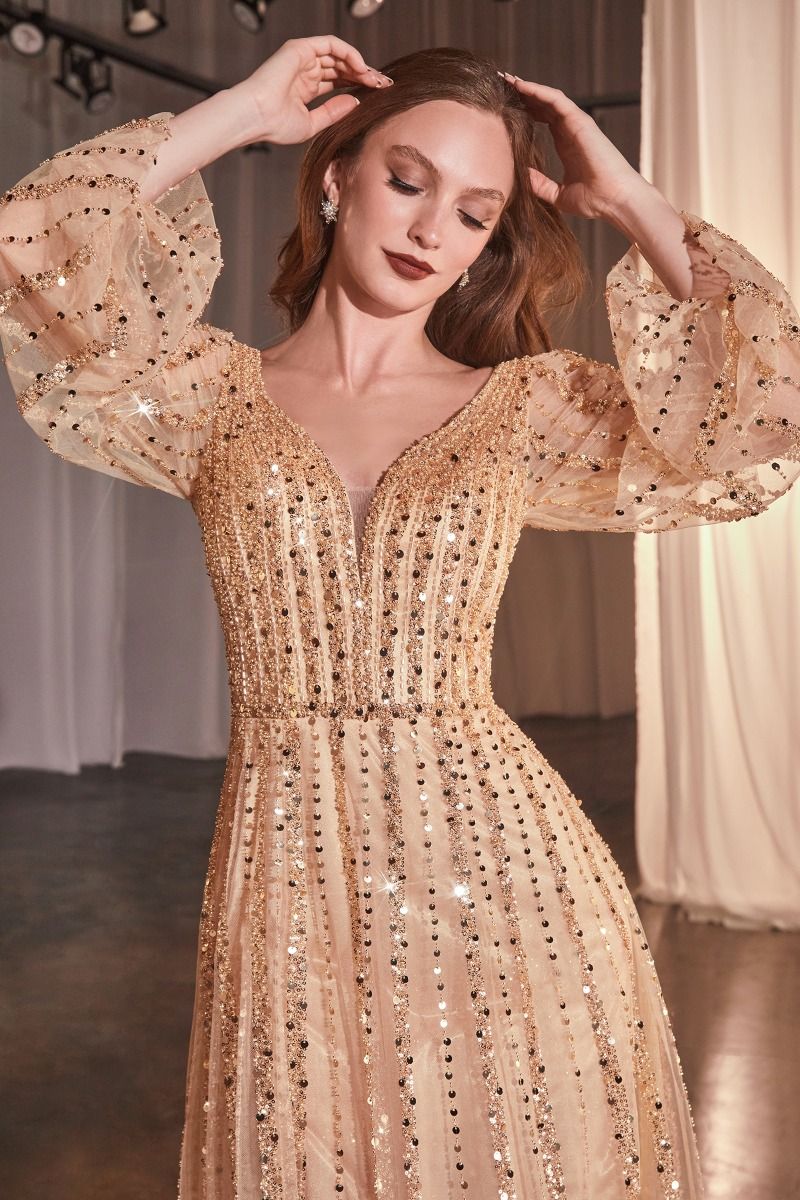 LONG SLEEVE A-LINE BEADED DRESS CDCD0240