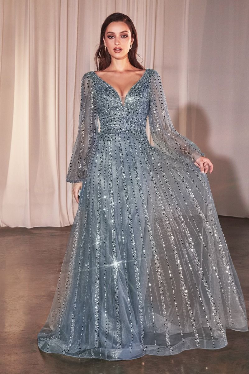 Shimmering V-Neck Long Sleeve A-Line Gown with Sequin Embellishments  CDCD0240-0