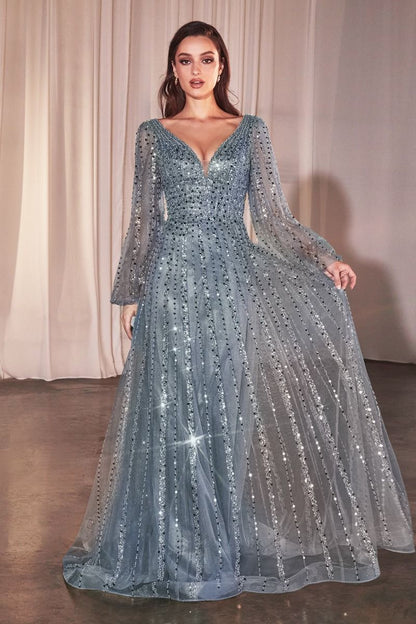 Shimmering V-Neck Long Sleeve A-Line Gown with Sequin Embellishments  CDCD0240-0
