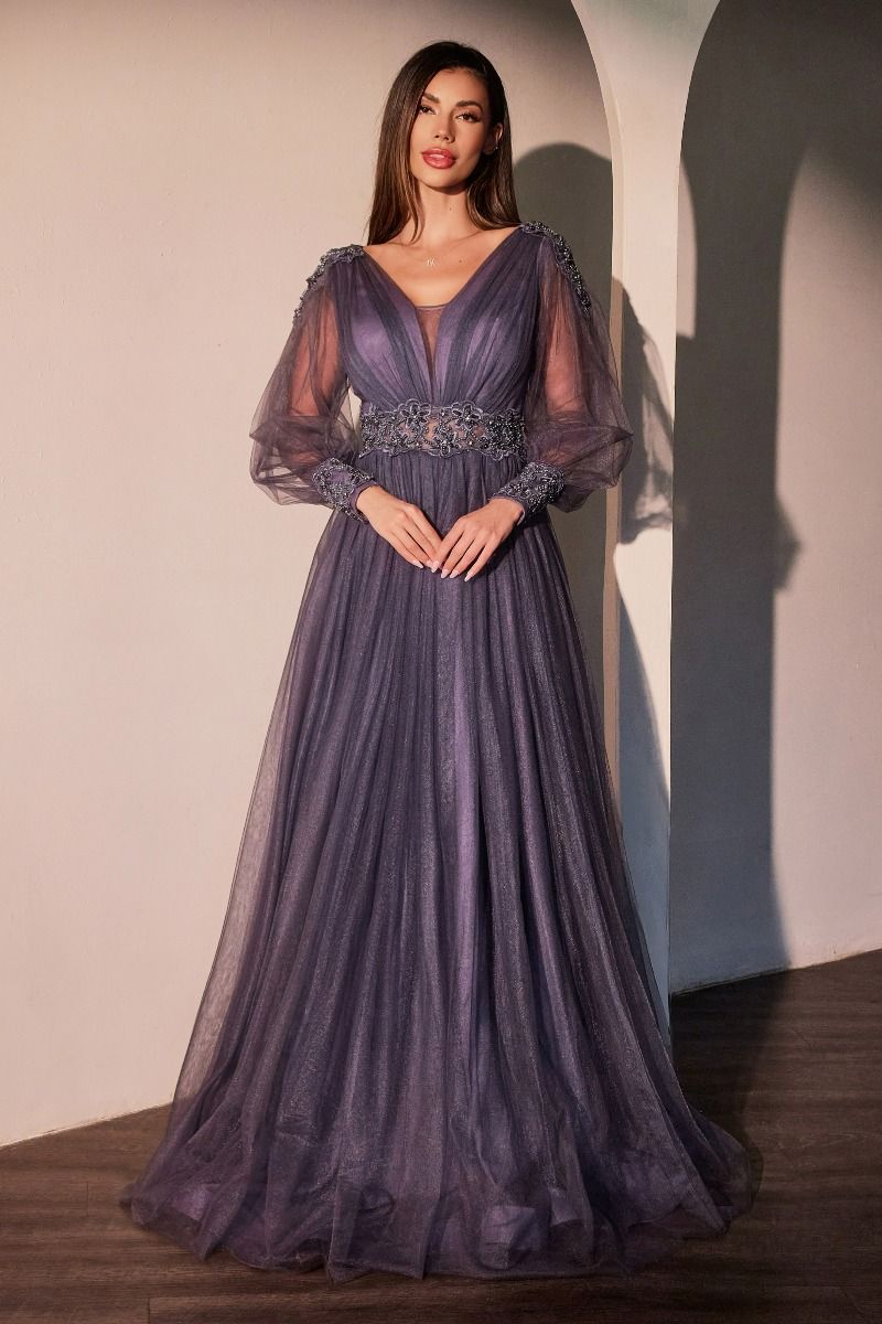 Deep Mauve Tulle Gown with Sheer Long Sleeves & Floral Beaded Waist CD0938-0