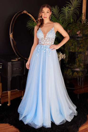 Layered Tulle A-Line Floral Vintage Sheer V-neck Spaghetti Strap Long Prom Dress CDCD2214