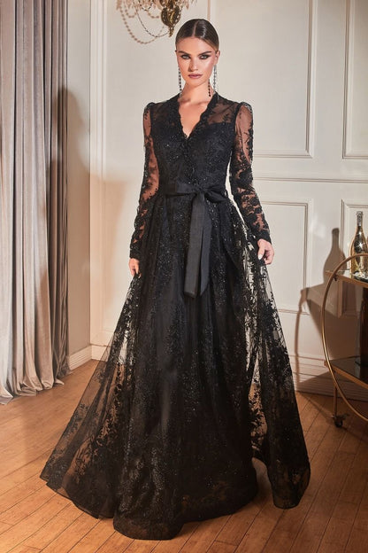 A-Line Long Sleeves Embroidered Lace V-Neck Long Mother Of The Bride Dress CDCD233C-3