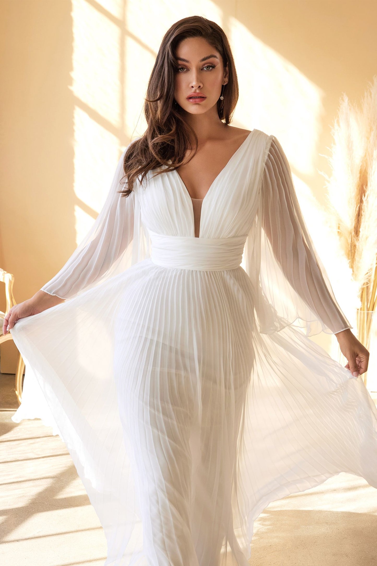 Elegant Pleated Chiffon Long-Sleeved Wedding Gown CDCD242W-1