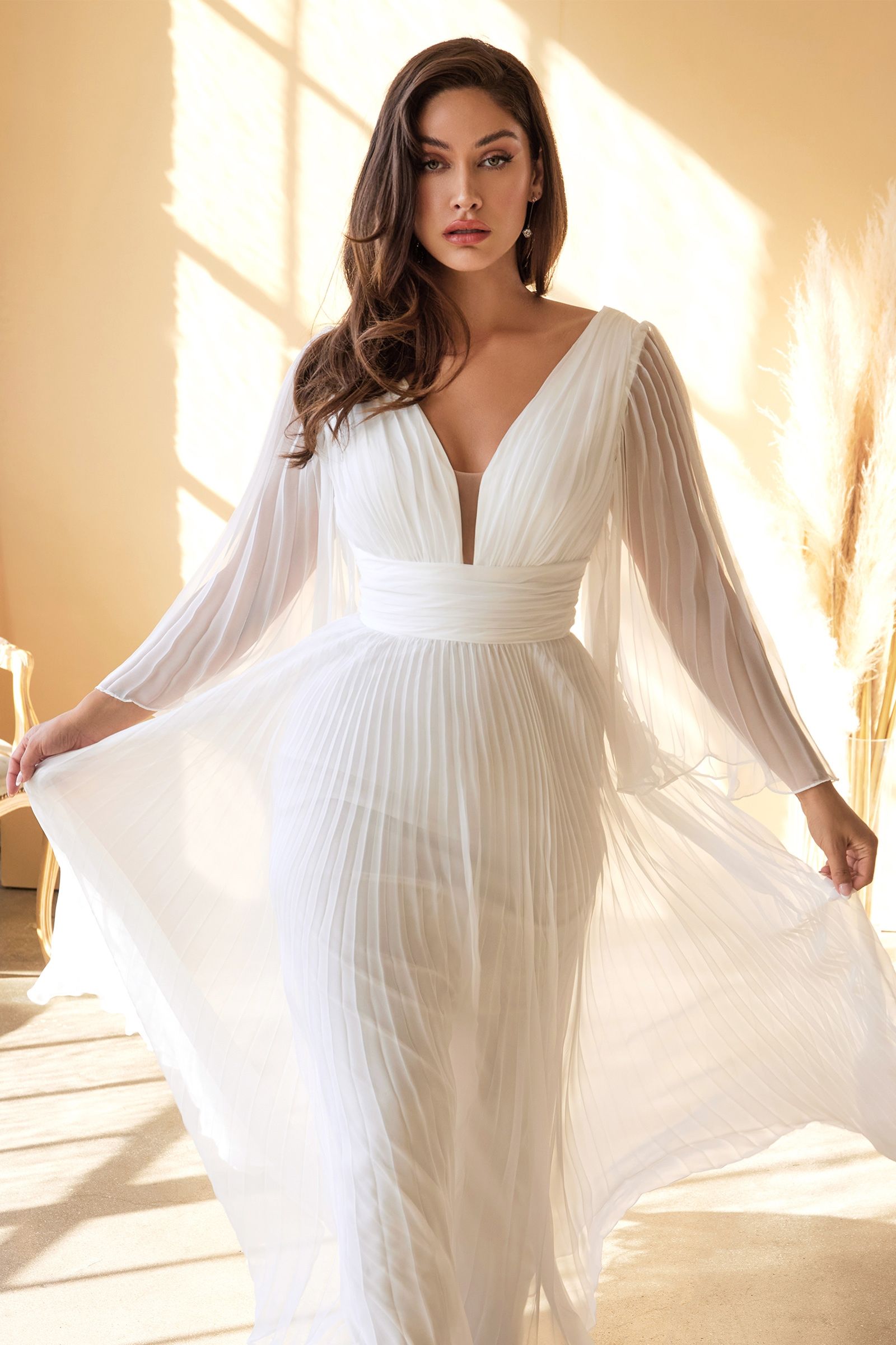 Elegant Pleated Chiffon Long-Sleeved Wedding Gown CDCD242W-1