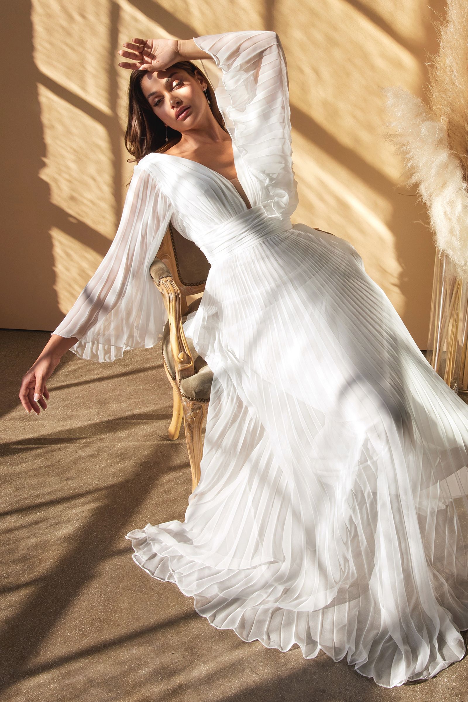 Elegant Pleated Chiffon Long-Sleeved Wedding Gown CDCD242W-3
