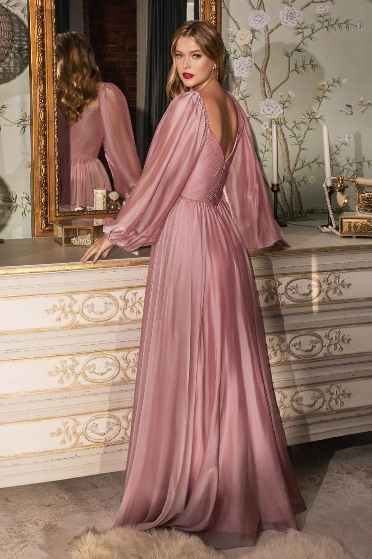 Off-Shoulder Chiffon A-Line Gown with Bishop Sleeves – Romantic Formal Dress with Sweetheart Neckline  CDCD243-3