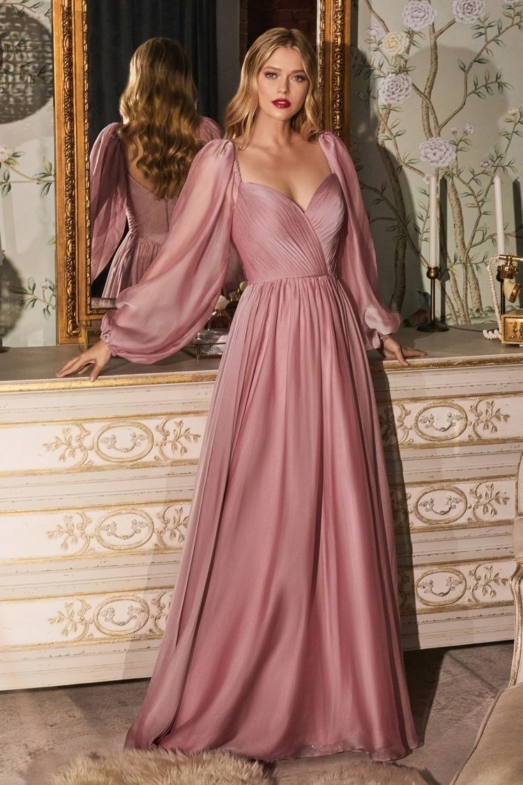Off-Shoulder Chiffon A-Line Gown with Bishop Sleeves – Romantic Formal Dress with Sweetheart Neckline  CDCD243-2