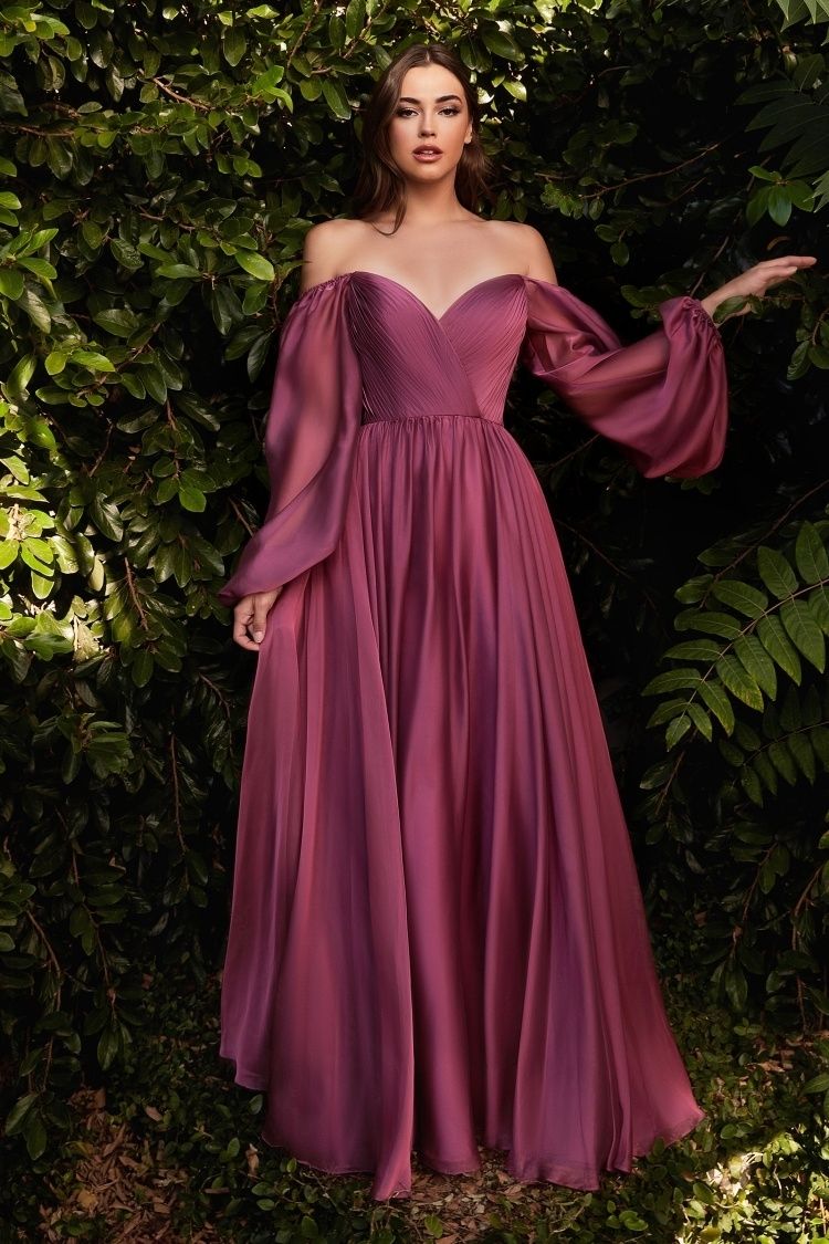 Off-Shoulder Chiffon A-Line Gown with Bishop Sleeves – Romantic Formal Dress with Sweetheart Neckline  CDCD243-4