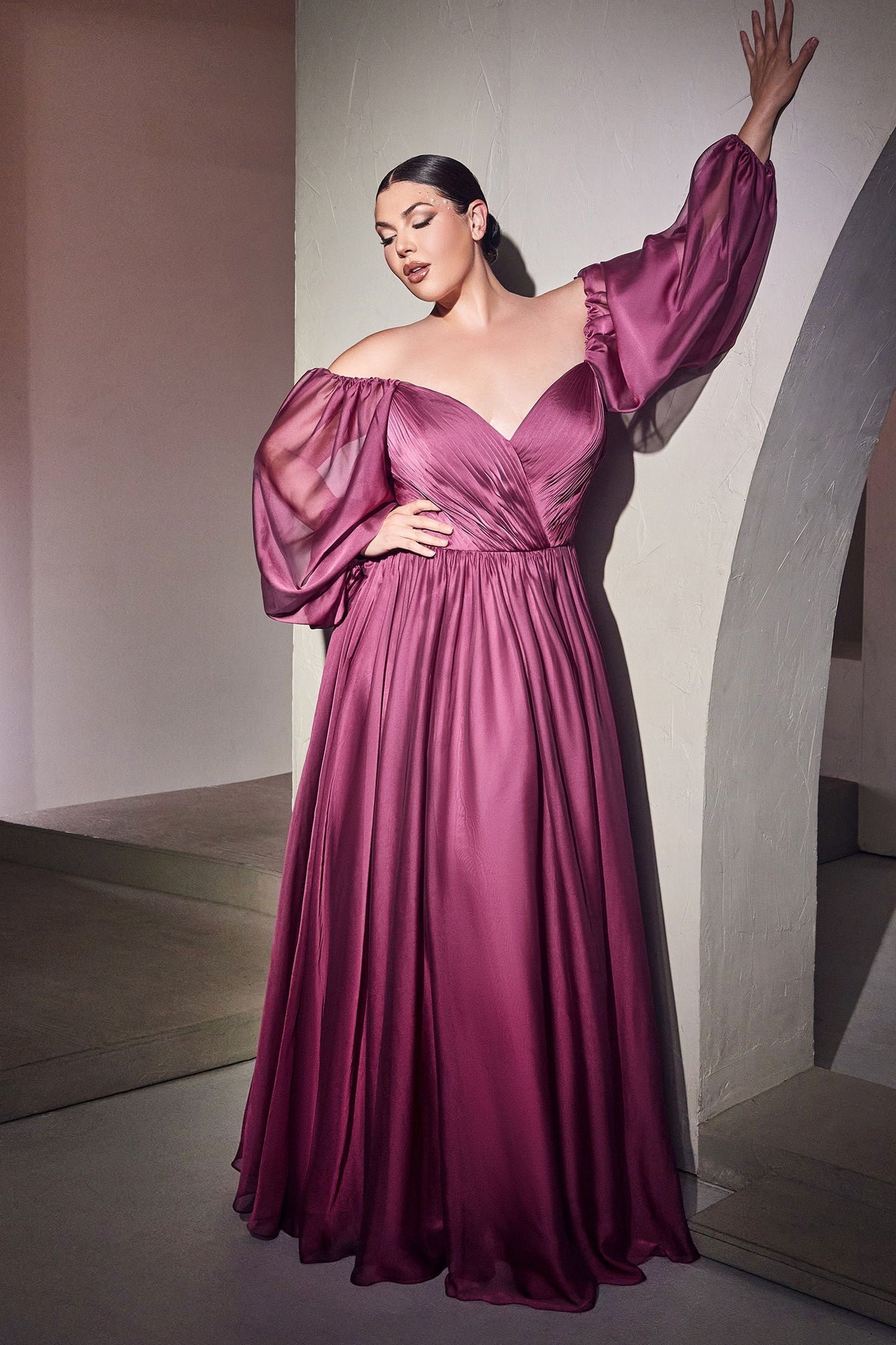 Plus Size Off-Shoulder Satin Gown with Bishop Sleeves – Romantic A-Line Formal Dress CDCD243C-0