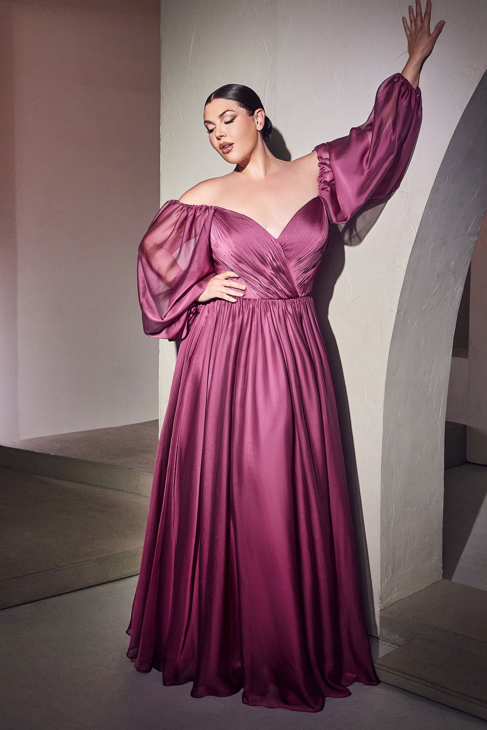 Plus Size Off-Shoulder Satin Gown with Bishop Sleeves – Romantic A-Line Formal Dress CDCD243C-0