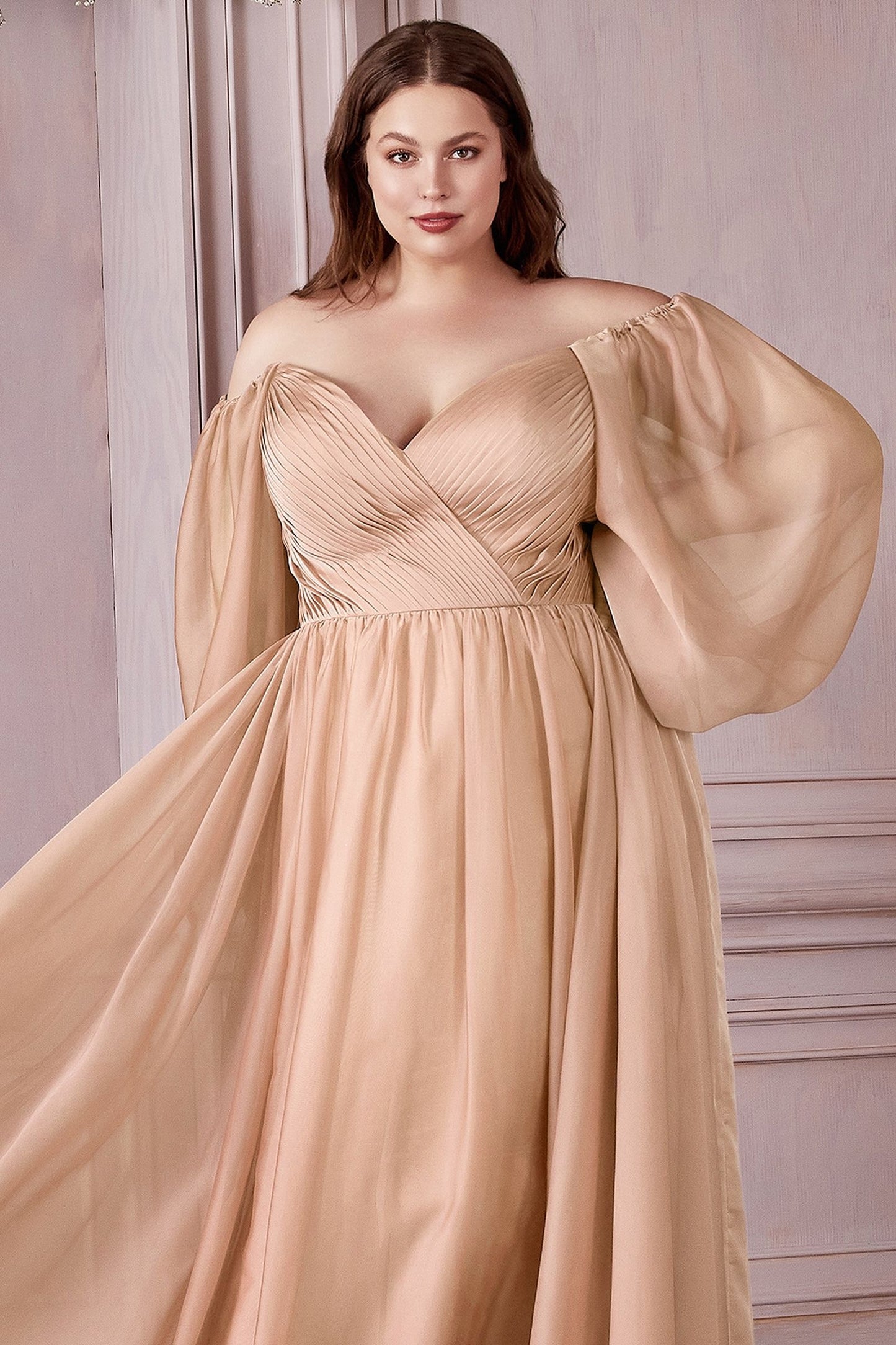 Plus Size Off-Shoulder Satin Gown with Bishop Sleeves – Romantic A-Line Formal Dress CDCD243C-1