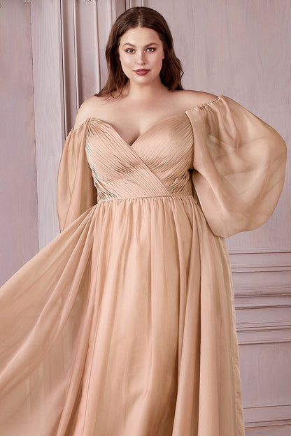 Plus Size Off-Shoulder Satin Gown with Bishop Sleeves – Romantic A-Line Formal Dress CDCD243C-1