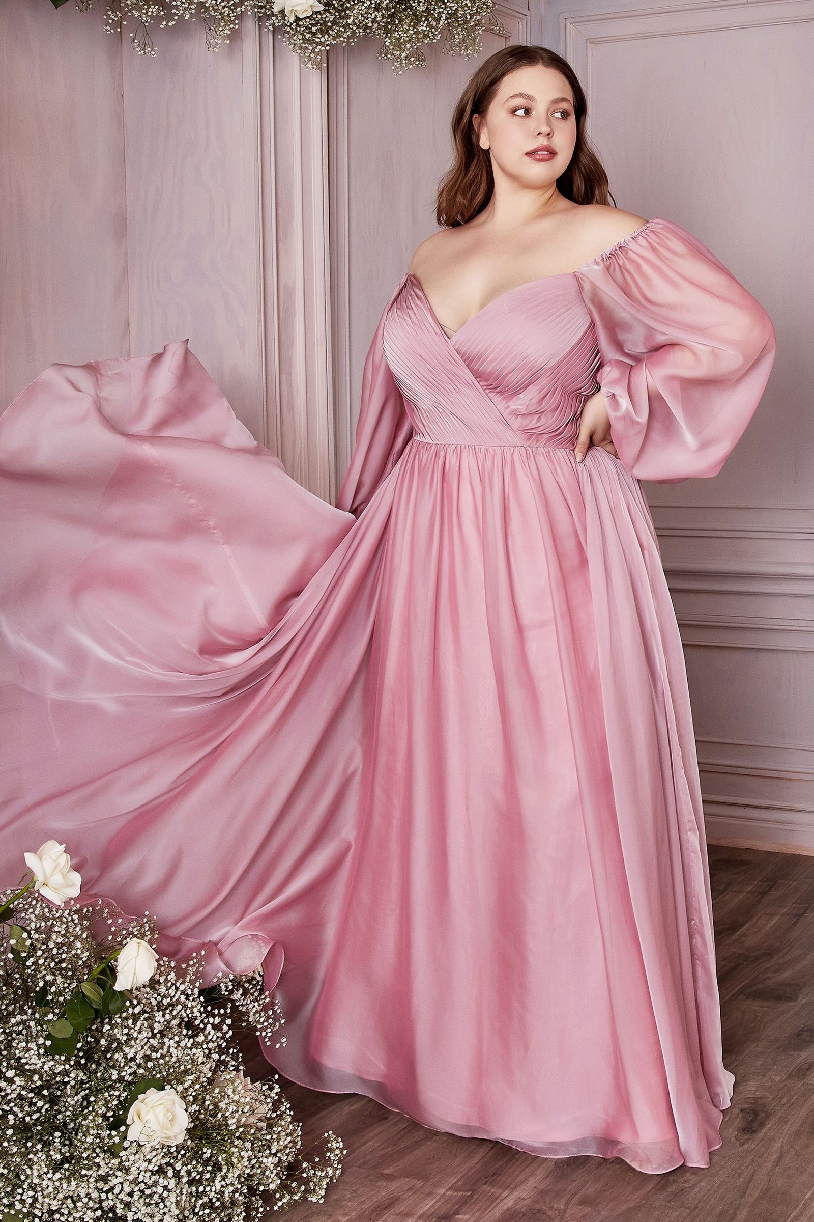 Plus Size Off-Shoulder Satin Gown with Bishop Sleeves – Romantic A-Line Formal Dress CDCD243C-3