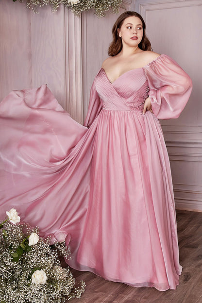 Plus Size Off-Shoulder Satin Gown with Bishop Sleeves – Romantic A-Line Formal Dress CDCD243C-3