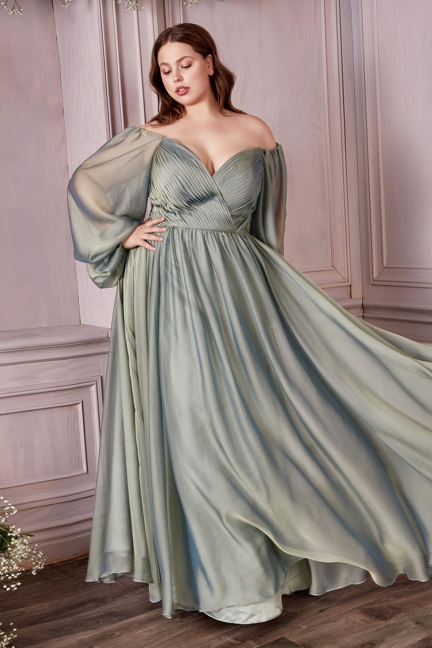 Plus Size Off-Shoulder Satin Gown with Bishop Sleeves – Romantic A-Line Formal Dress CDCD243C-4