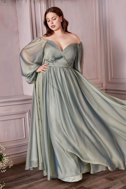 Plus Size Off-Shoulder Satin Gown with Bishop Sleeves – Romantic A-Line Formal Dress CDCD243C-4