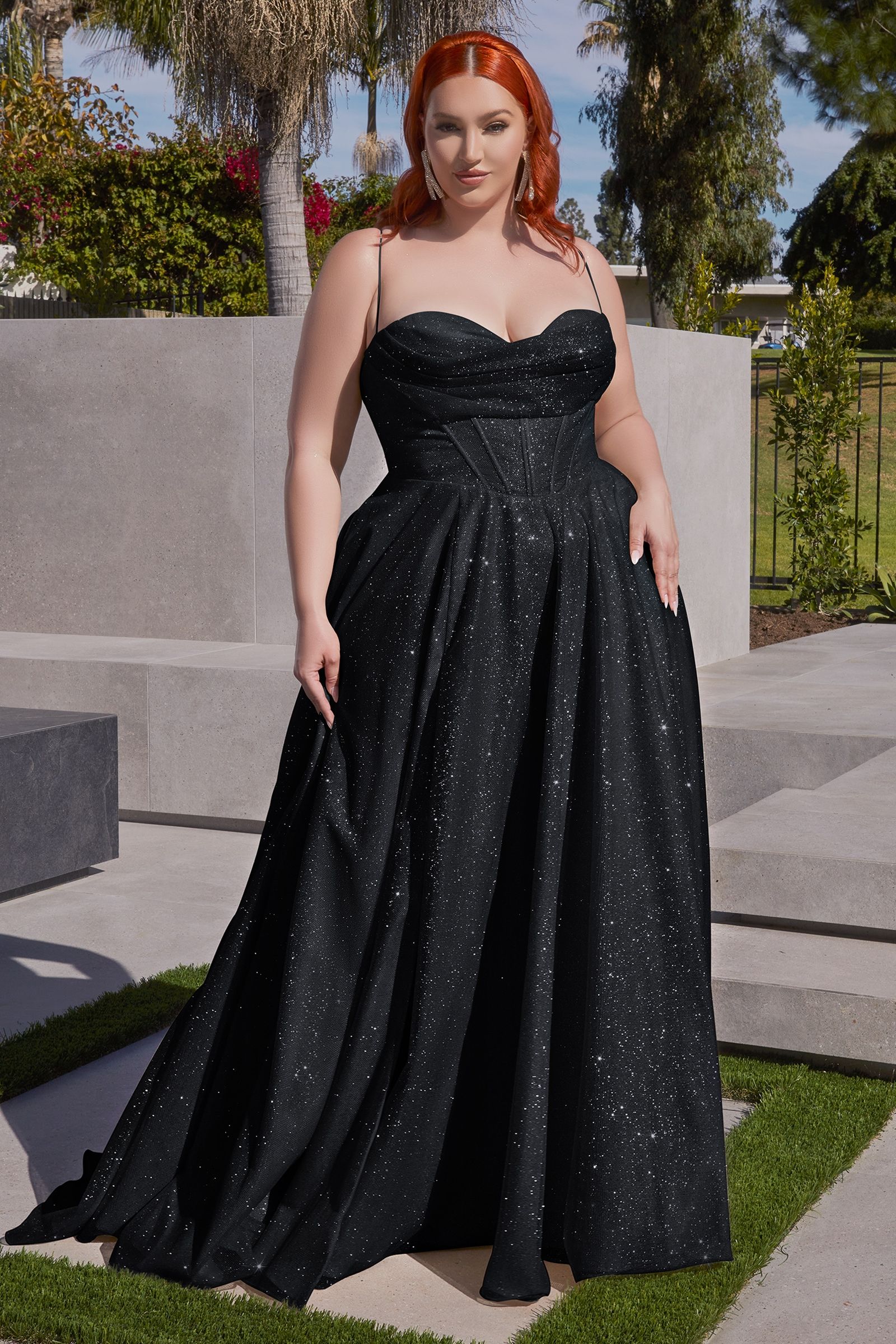 Plus Size Glitter Corset A-Line Gown – Sparkly Sweetheart Formal Dress with Pockets   CDCD252C-1