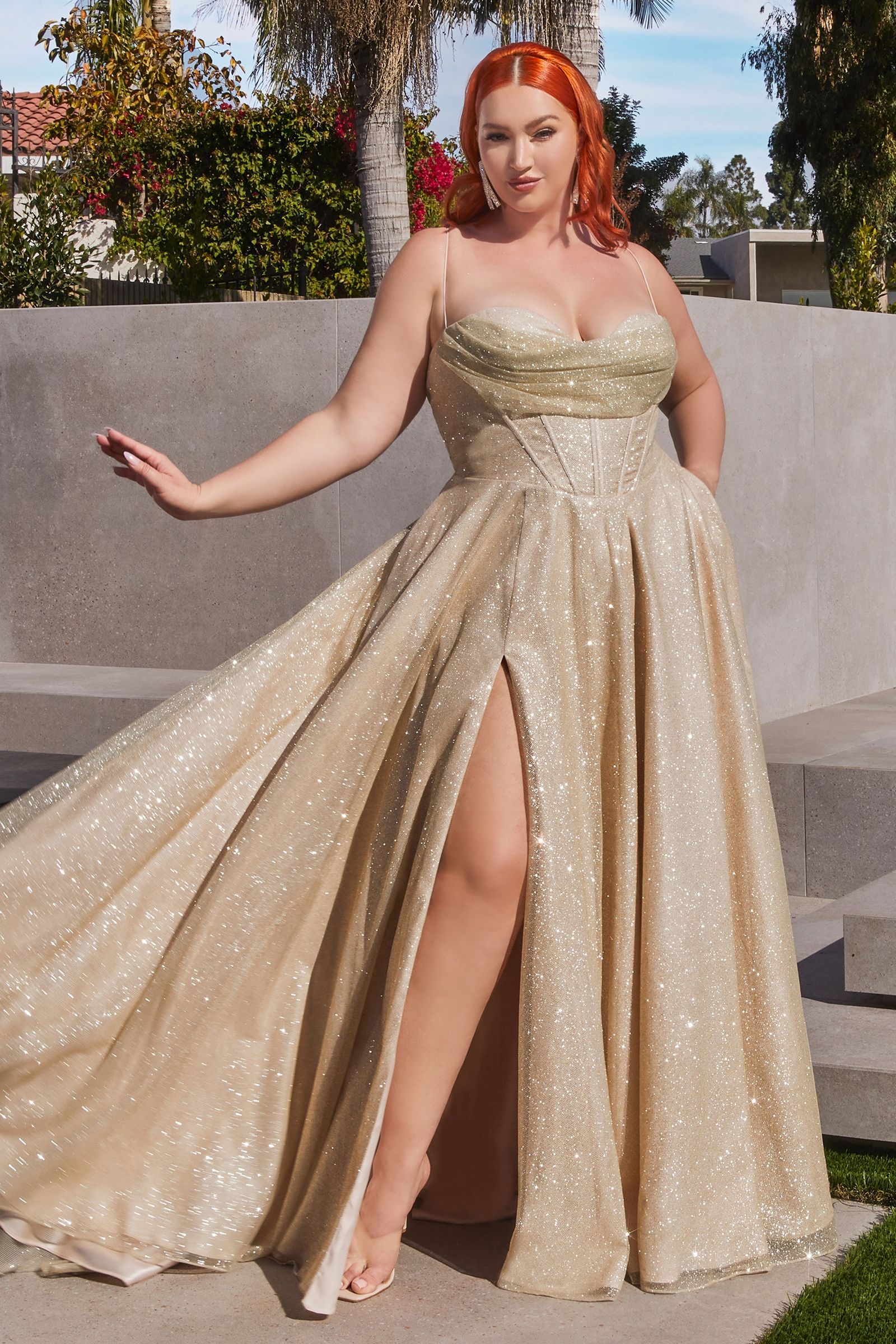Plus Size Glitter Corset A-Line Gown – Sparkly Sweetheart Formal Dress with Pockets   CDCD252C-2