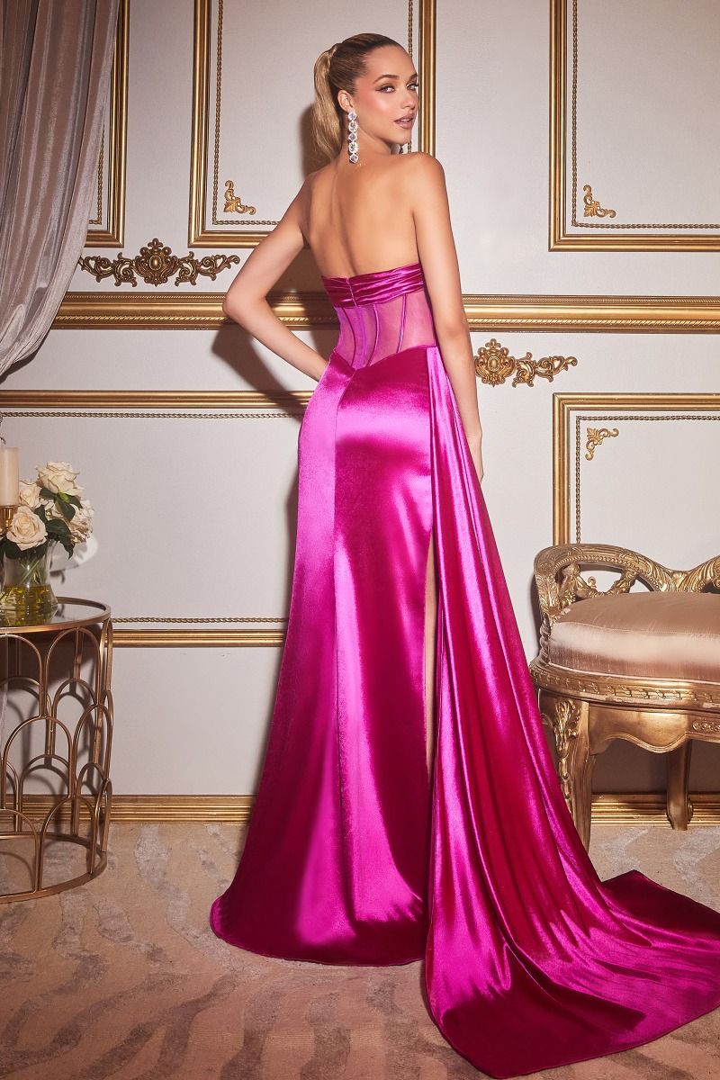 Fuchsia, Red, Black Strapless Satin Corset Gown with Side Slit and Train CDCD269-1