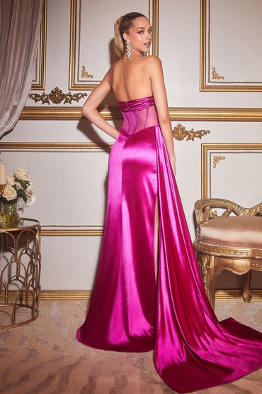 Fuchsia, Red, Black Strapless Satin Corset Gown with Side Slit and Train CDCD269-1