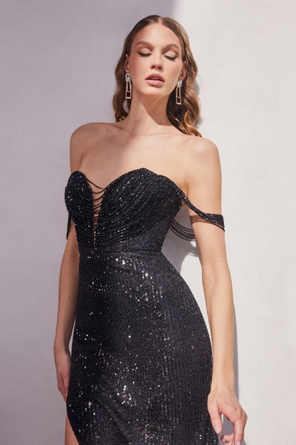 STRAPLESS SEQUIN DRESS WITH BEADED DRAPED SHOULDERS CDCD290-3
