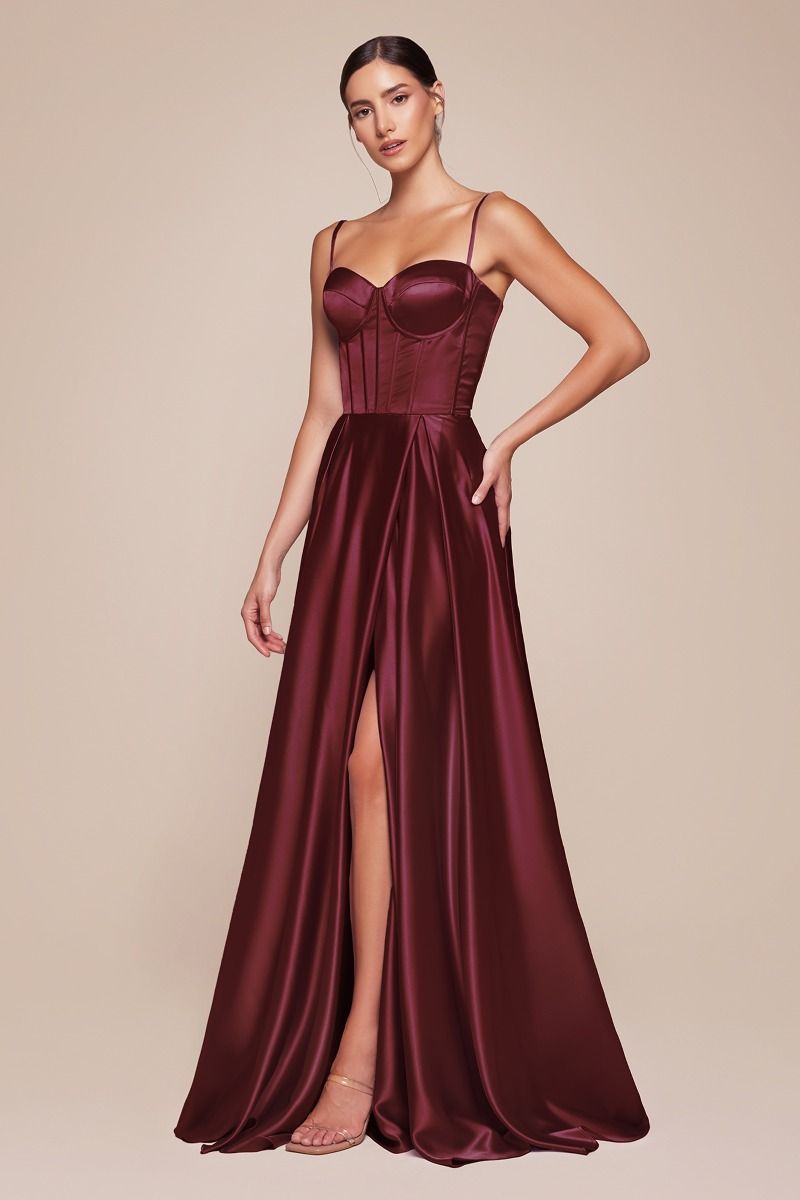 A-Line Satin Side Slit Bustier Spaghetti Straps Long Evening Dress CDCD337
