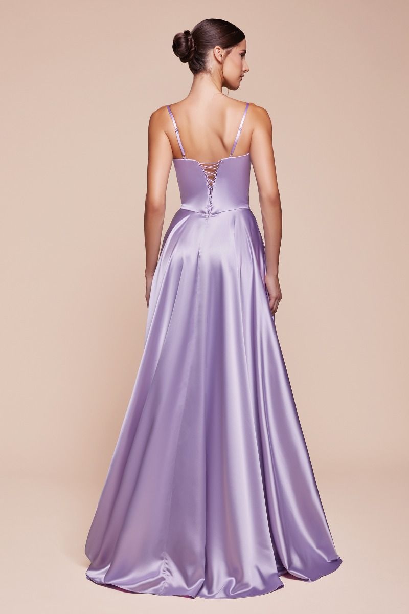 A-Line Satin Side Slit Bustier Spaghetti Straps Long Evening Dress CDCD337