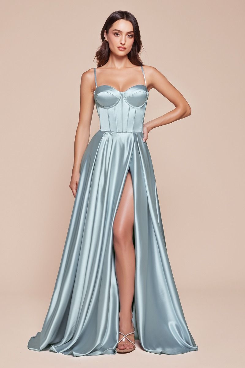 A-Line Satin Side Slit Bustier Spaghetti Straps Long Evening Dress CDCD337