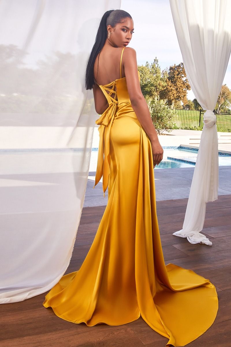Purple, Gold & Ice Blue Satin Gown with Appliqué Sweetheart Neckline | High Slit Train Dress CDCD340-2