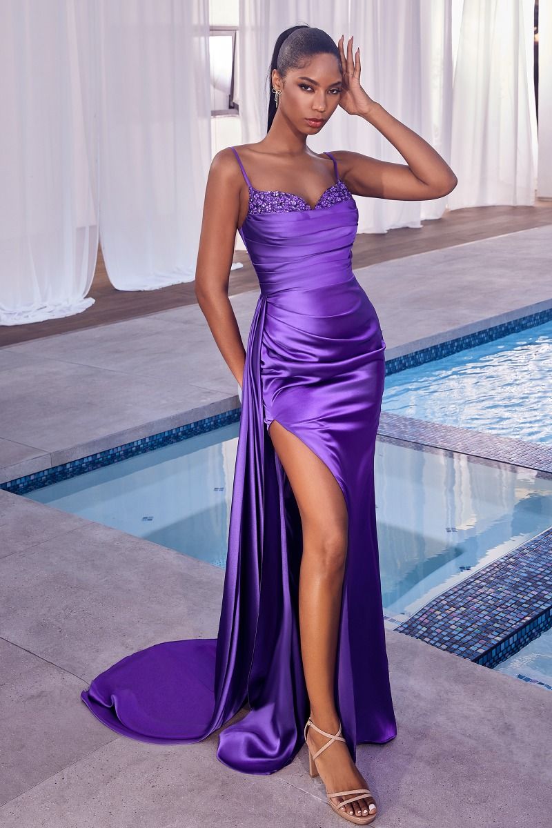 Purple, Gold & Ice Blue Satin Gown with Appliqué Sweetheart Neckline | High Slit Train Dress CDCD340-0