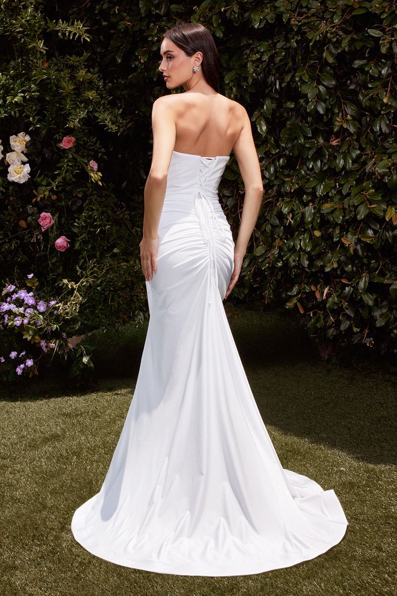 White Satin Sweetheart Gown with Ruched Bodice and Thigh Slit CDCD791W-1