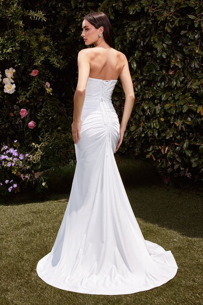 White Satin Sweetheart Gown with Ruched Bodice and Thigh Slit CDCD791W-1