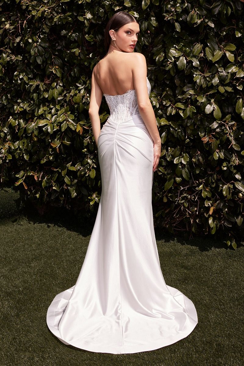 White Strapless Corset Satin Gown | Sheer Boned Bodice Formal Dress with Ruched Waist and Train  CD797W-2