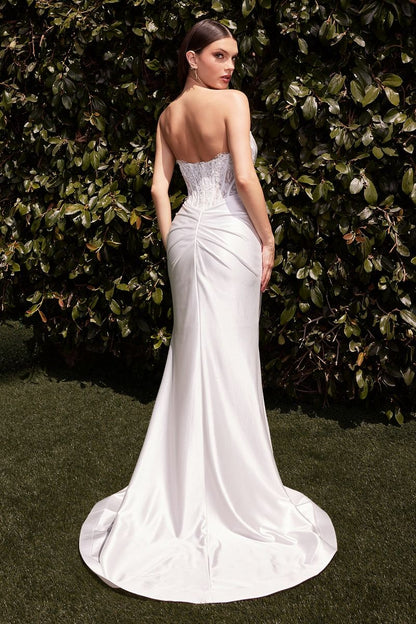 White Strapless Corset Satin Gown | Sheer Boned Bodice Formal Dress with Ruched Waist and Train  CD797W-2