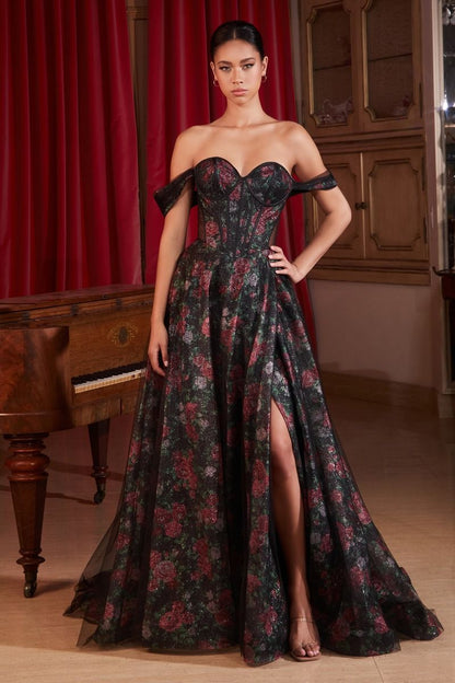 BLACK OFF THE SHOULDER BALL GOWN WITH FLORAL UNDERLAY CDCD806-0