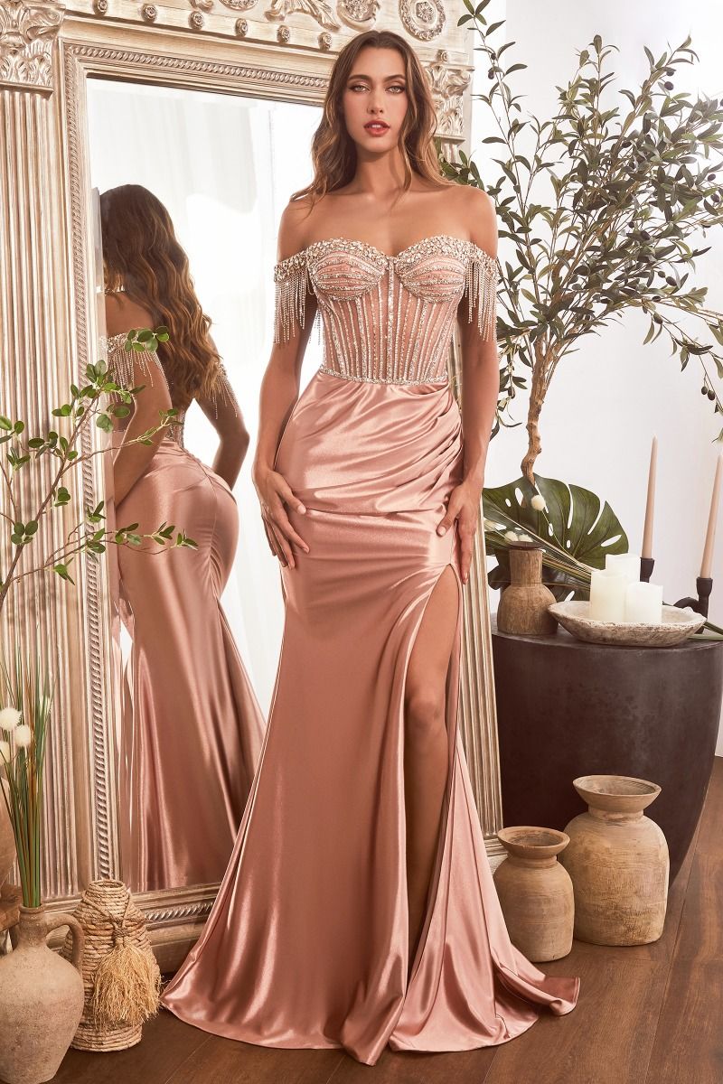 Opulent Regal Off-Shoulder Embellished Satin Gown for Gala - CDCD821-0