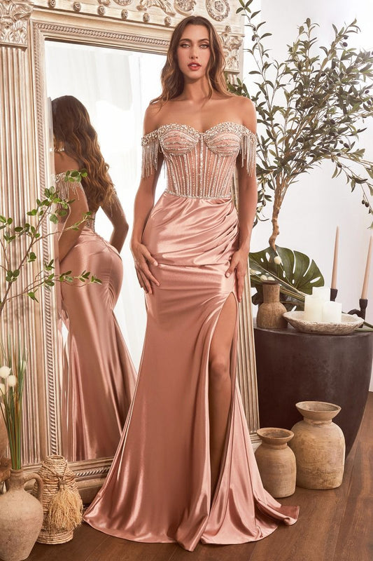 Opulent Regal Off-Shoulder Embellished Satin Gown for Gala - CDCD821-0