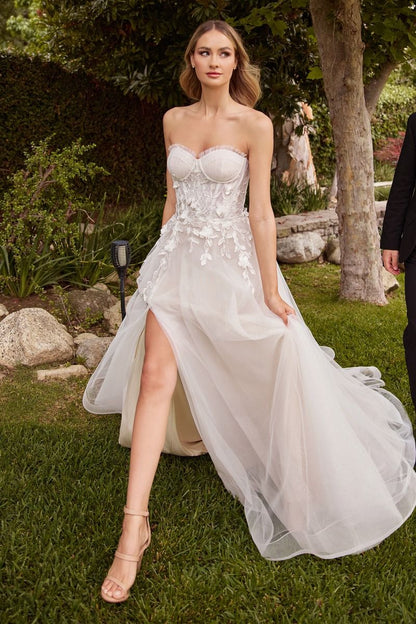 Strapless A-Line With Gloves Side Slit Tulle Skirt Long Wedding Dress CDCD859W